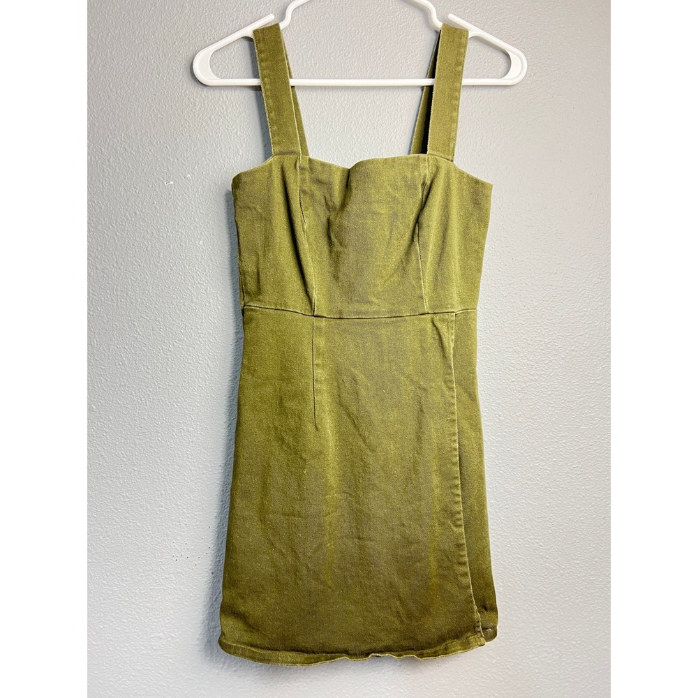 Copper Key Olive Green Denim Mini Dress XS Sleeveless Square Neck Back Zip Wrap